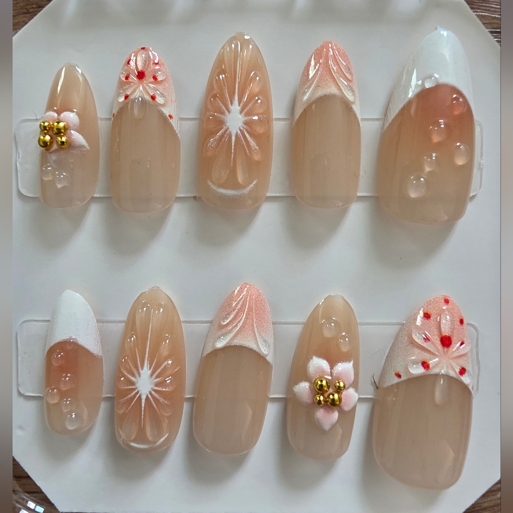 3D Floral & Water Droplet Press-On Nails | Almond Shape | Size Small